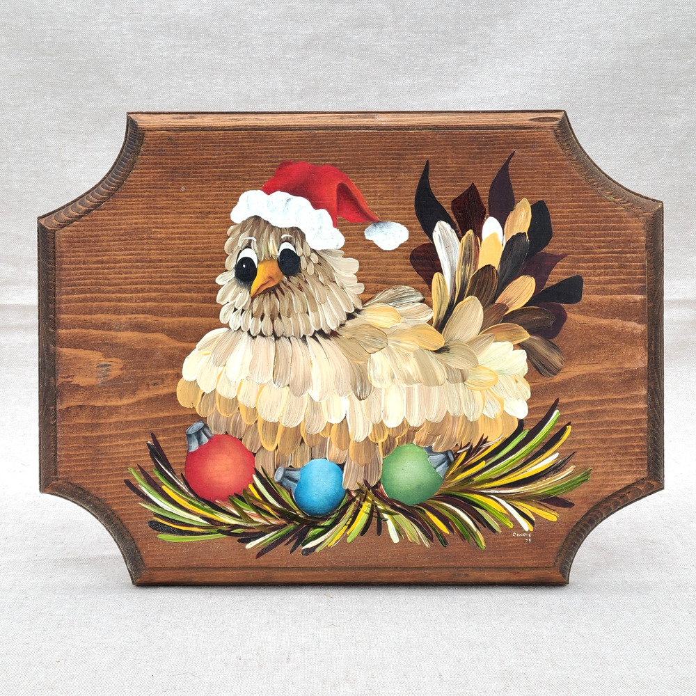 Santa Chicken Cottage Christmas Hen Hand-painted Wall Hanging Decor 1970's VTG